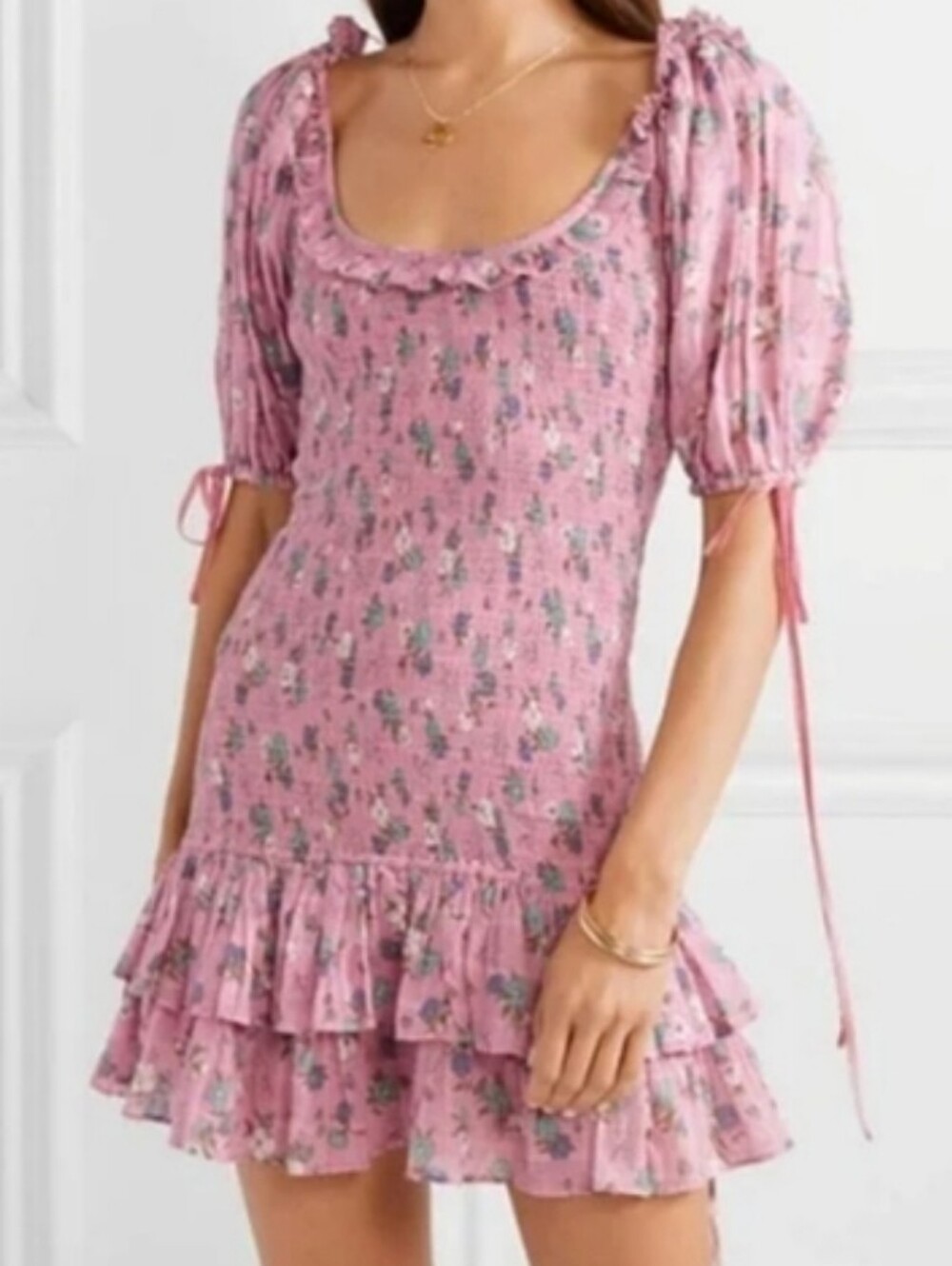 LoveShackFancy Pink Floral Ruffle Mini Dress Smocked Bodice.